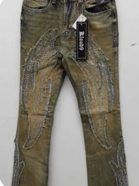 Kloud9 Distressed Embellished Jeans in Faded Olive Brown Sz 34